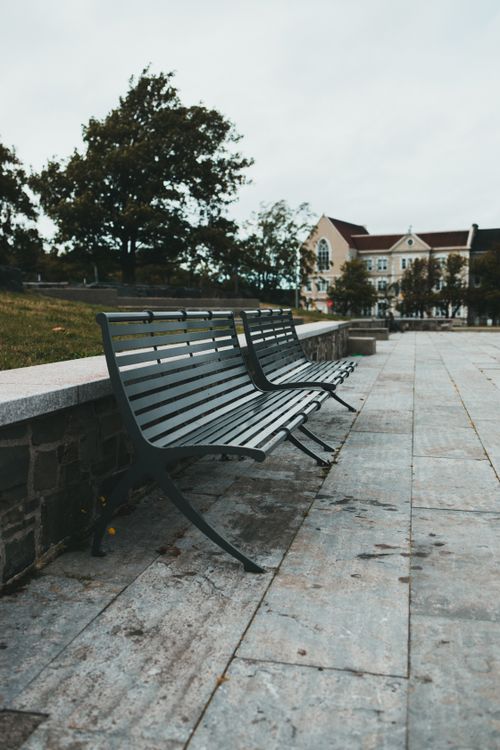 Free Quiet urban scene featuring empty park benches under a cloudy sky. Stock Photo