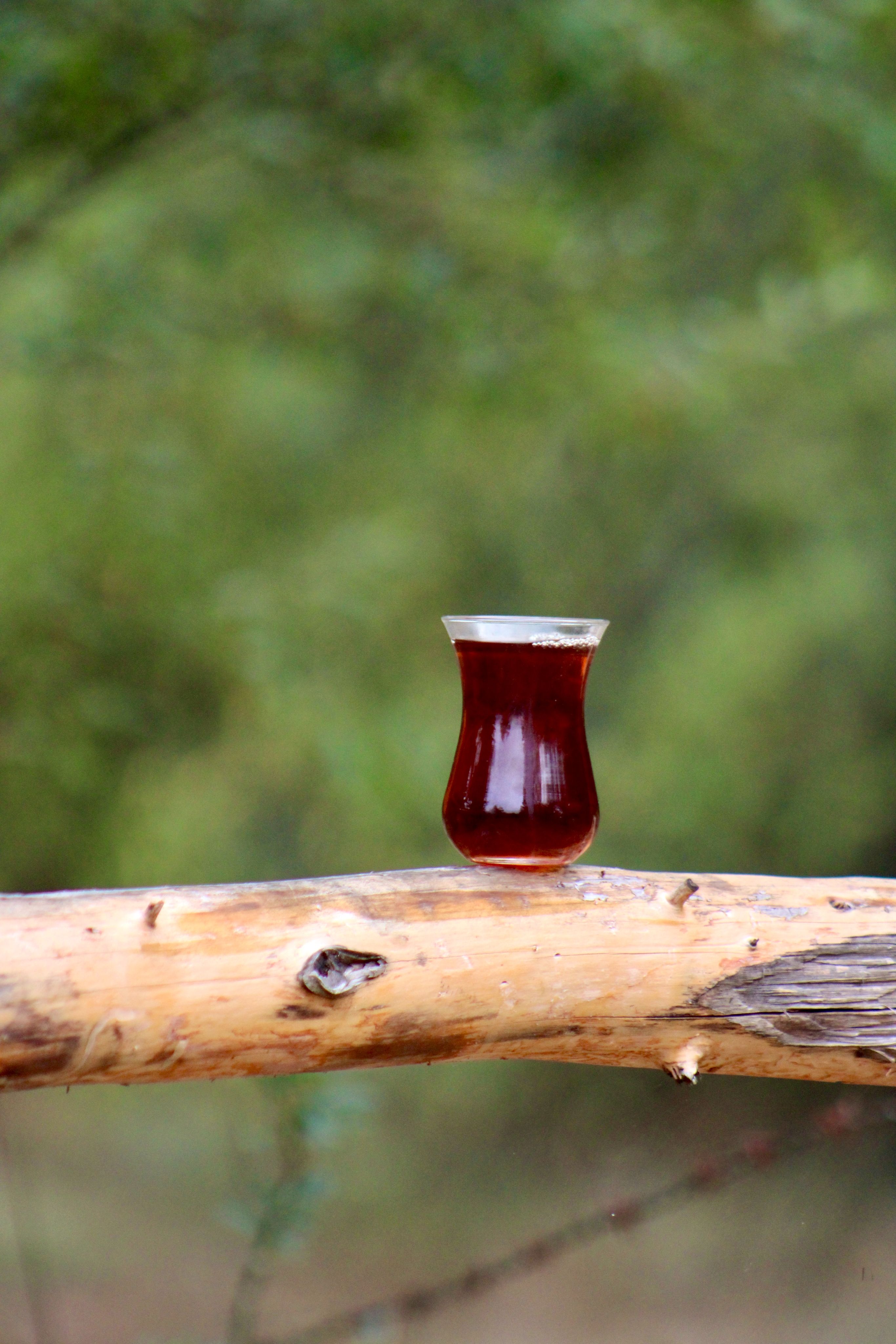 Traditional Turkish Tea on a Rustic Log Outdoors · Free Stock Photo