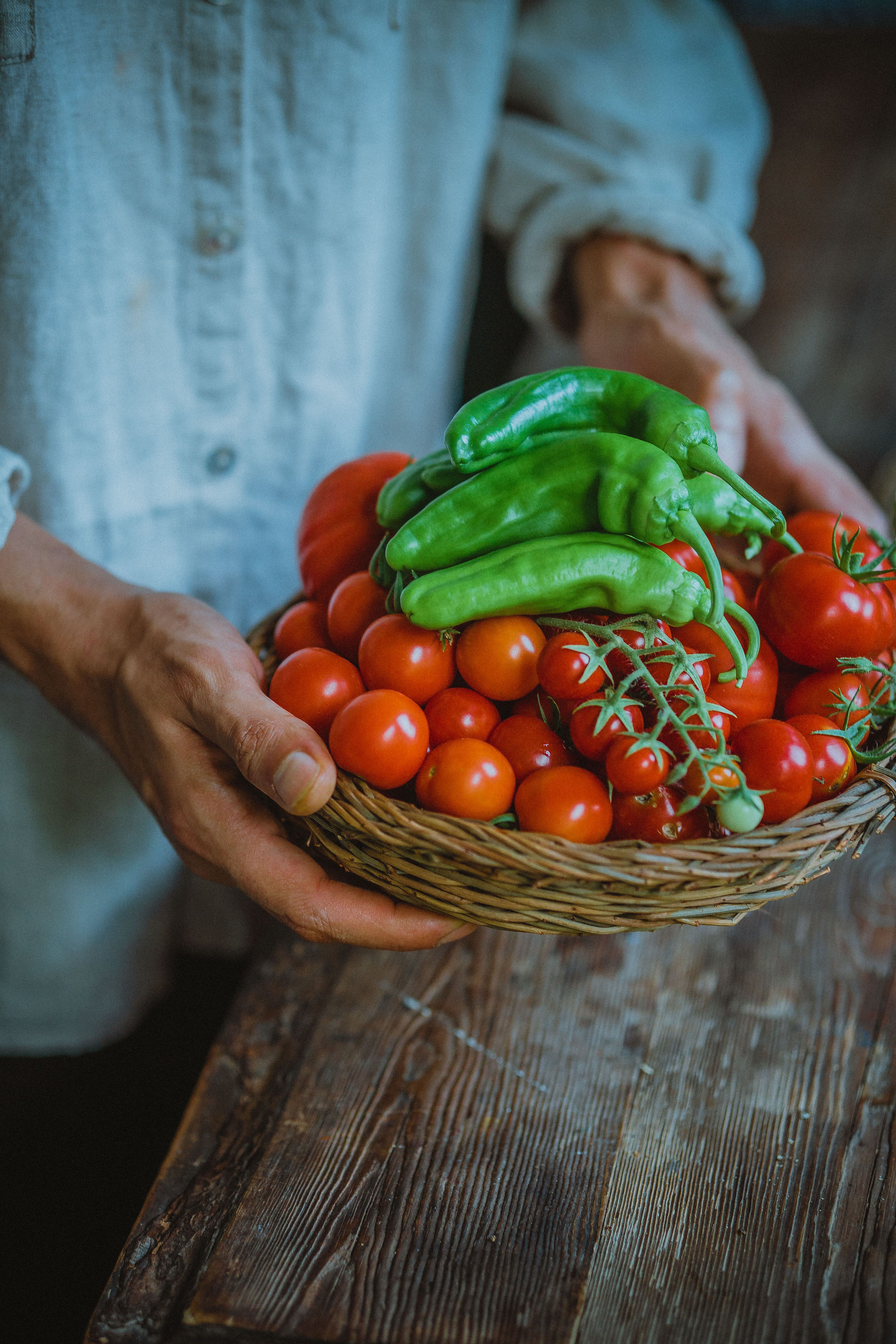 Fresh Harvest of Tomatoes and Peppers in Basket · Free Stock Photo