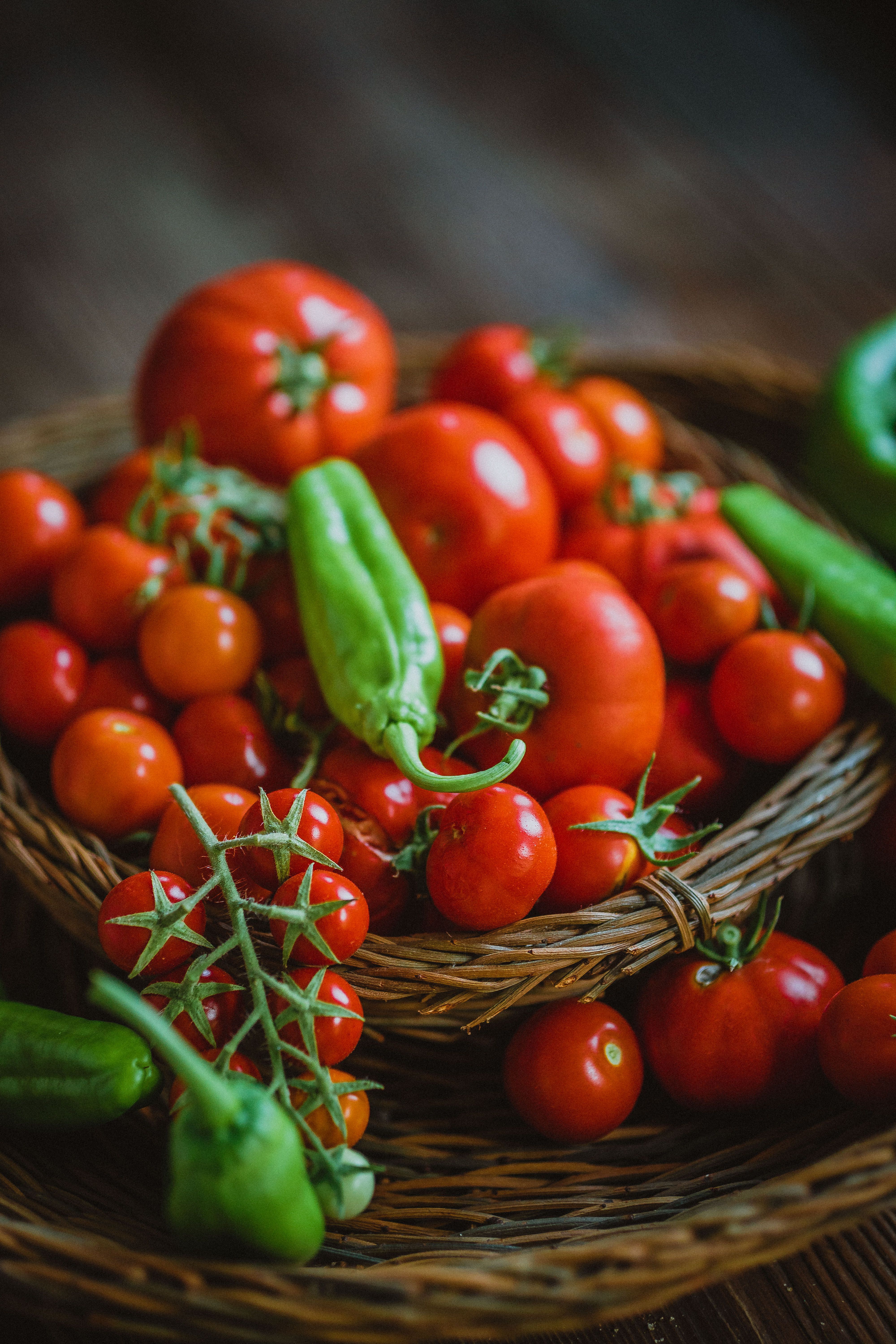 Fresh Tomatoes and Peppers in Rustic Baskets · Free Stock Photo