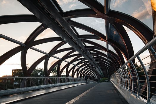 Capture of the Peace Bridge in Calgary, Alberta, showcasing modern architecture at sunset.