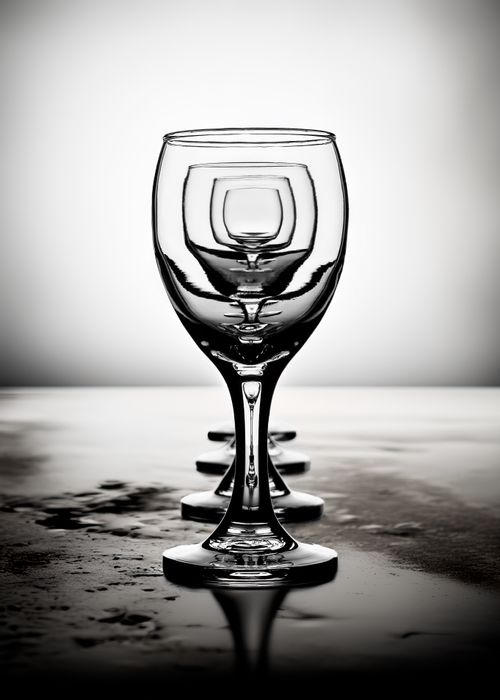 Free Artistic black and white photo of wine glasses with reflections, showcasing symmetry and elegance. Stock Photo