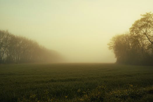 A serene misty morning in the Austrian countryside with trees and a field.