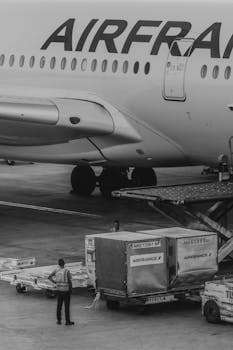 Monochrome image of Air France airplane cargo operations with worker overseeing loading.