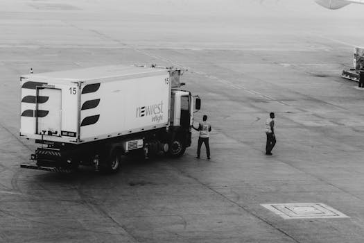 Black and white photo of a catering truck with crew on an airport tarmac.