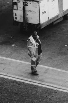 Black and white photo of an airport worker in a high-visibility vest on the tarmac.