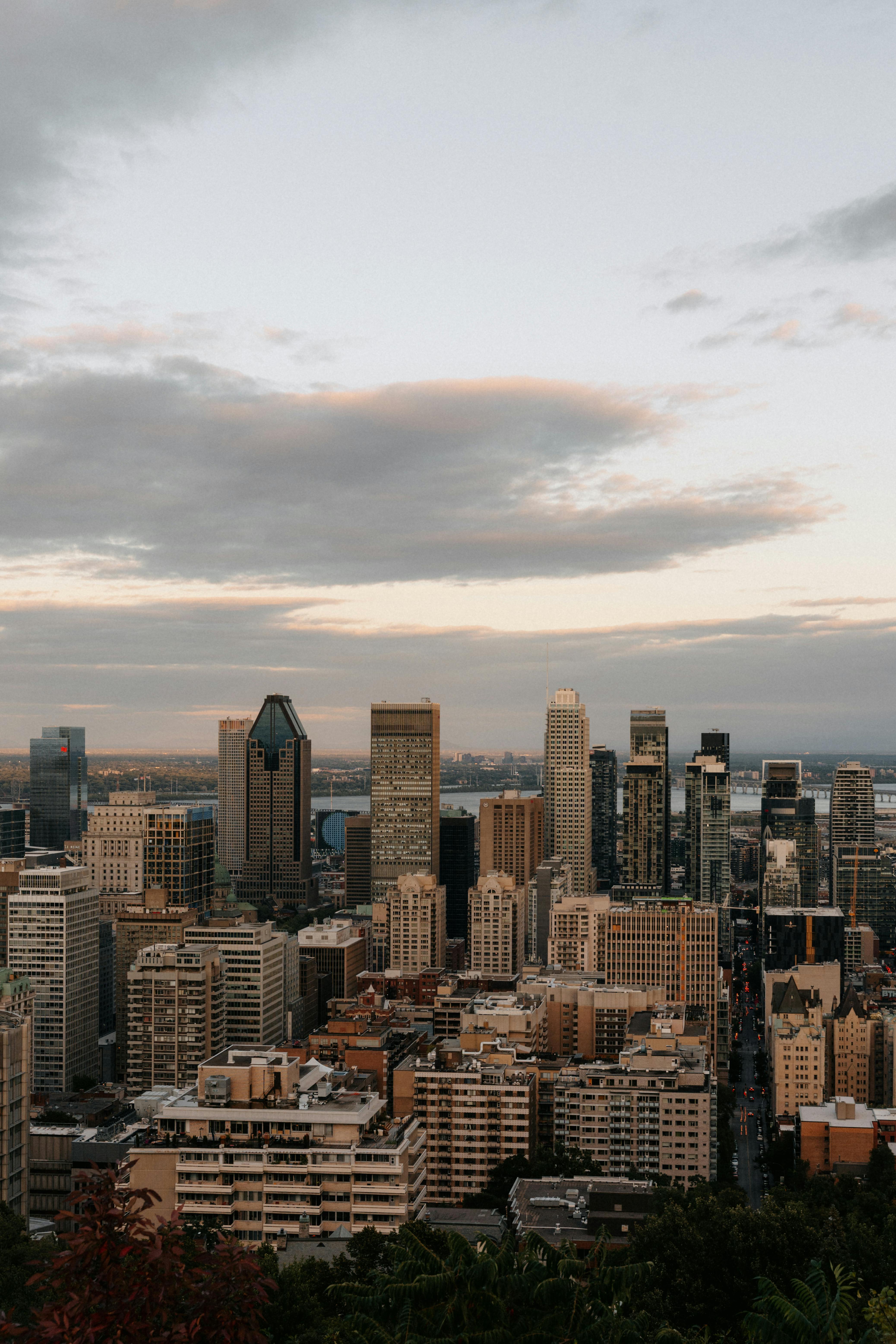 Stunning aerial view of Montreal's skyline at dusk, capturing cityscape and architecture.