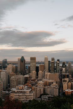 Stunning aerial view of Montreal's skyline at dusk, capturing cityscape and architecture.