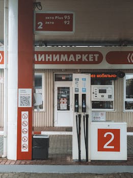 A gas station in Kaliningrad with visible fuel pumps and convenience store.