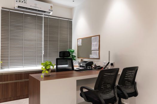 Bright and modern office interior with desk, chairs, and potted plants for a fresh work environment.