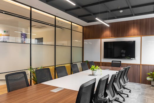 Spacious, stylish office meeting room with large table, chairs, and modern decor in Sahibzada Ajit Singh Nagar, India.