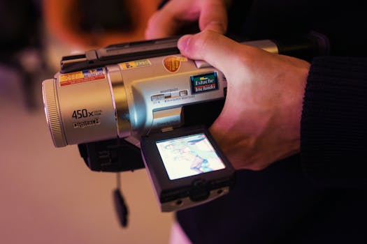 Close-up of a hand holding and operating a vintage digital camcorder with LCD screen.