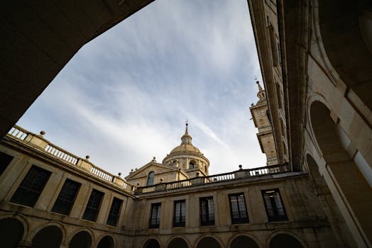 A stunning view of El Escorial's architecture on a clear day in Madrid, Spain.