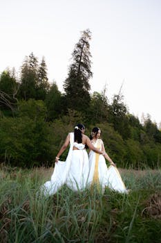 Two women in flowing dresses in a lush, green outdoor setting in Vancouver.