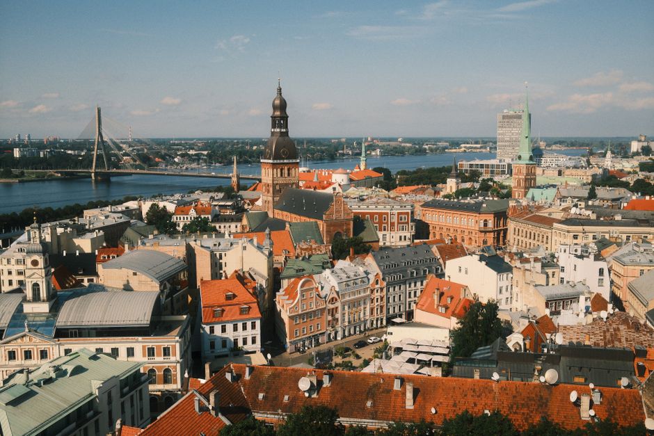 Stunning aerial photograph of Riga's historic center and Daugava River skyline in Latvia.