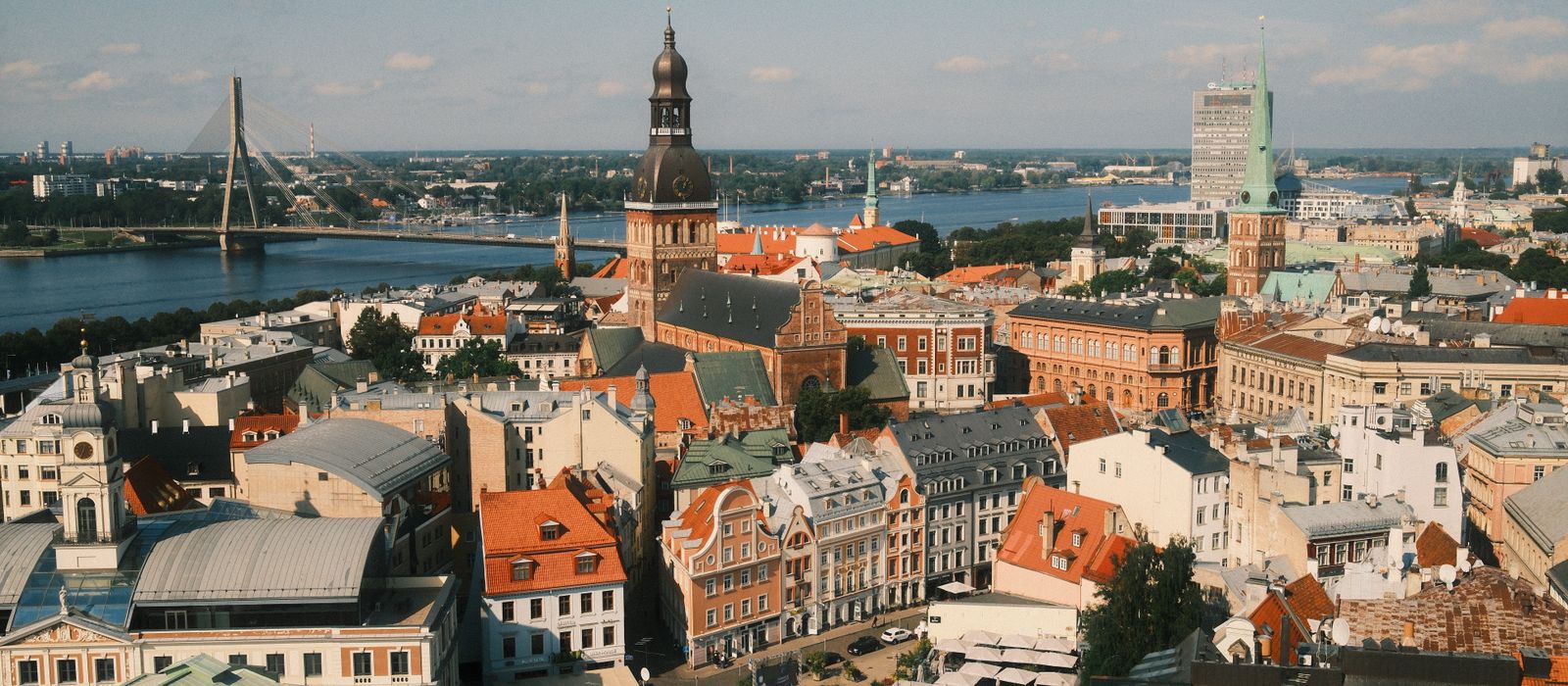 Stunning aerial photograph of Riga's historic center and Daugava River skyline in Latvia. — flights from Oslo to Riga