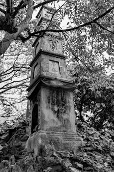 Monochrome image of a historic stone monument surrounded by lush trees, capturing a timeless scene.