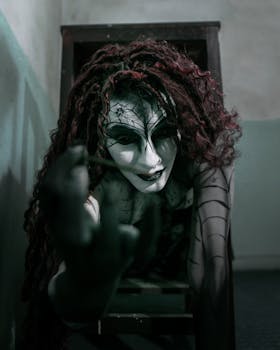 A person in elaborate horror makeup and costume reaching forward in an eerie setting.