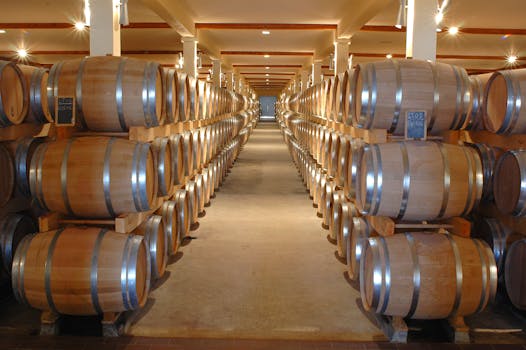 Rows of wooden barrels in a wine cellar basement, perfect for aging wine.