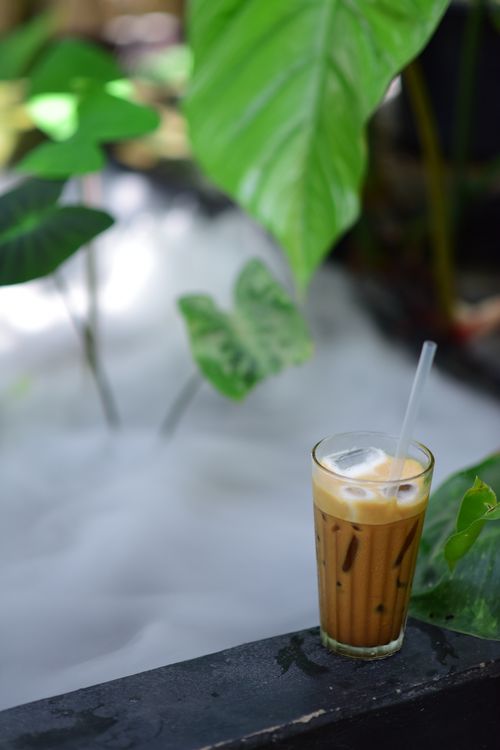 Free Refreshing iced coffee with straw in a lush tropical garden atmosphere. Stock Photo