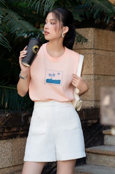 Elegant young woman in stylish summer attire holding a cup outdoors in Vietnam.