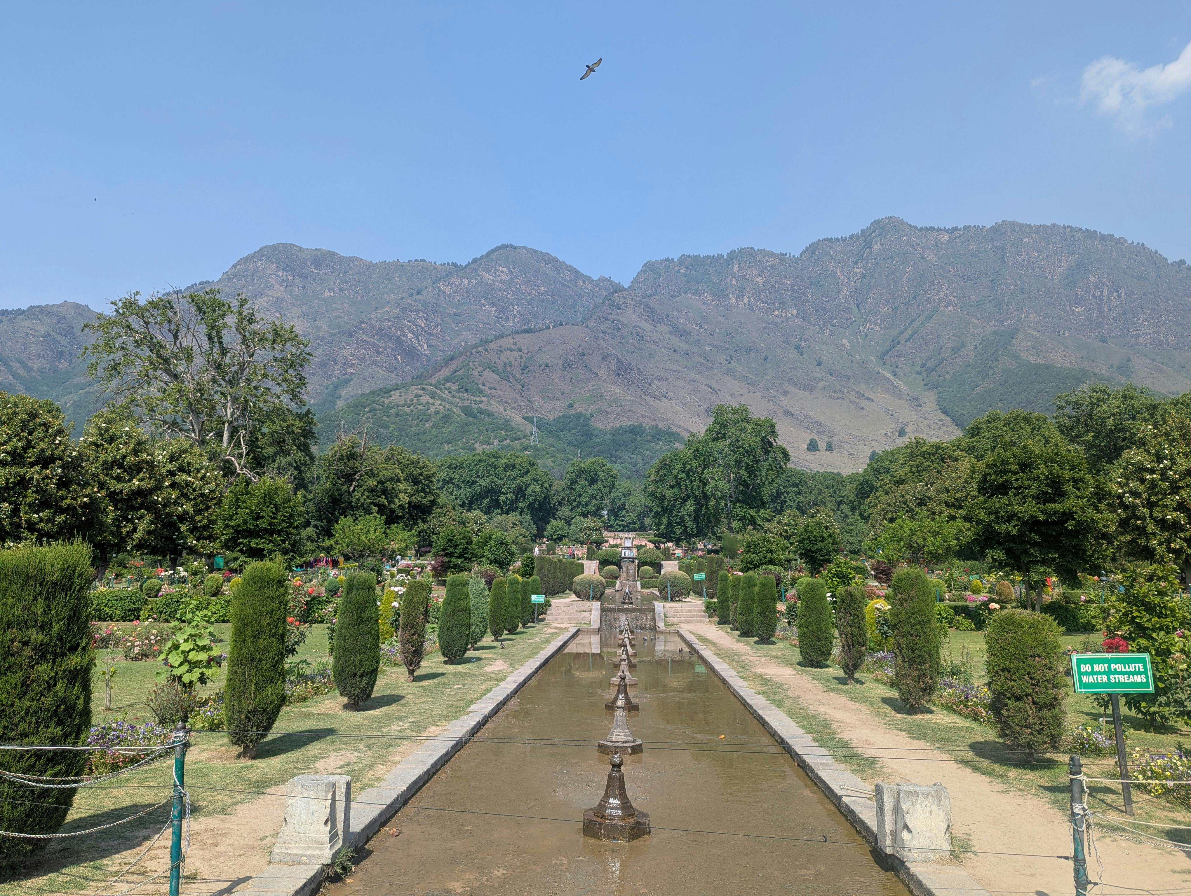 Serene Mughal garden with lush greenery and mountain views in Srinagar, Kashmir.