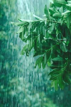 Close-up of rain falling on lush green leaves in a tropical environment, capturing the essence of nature.
