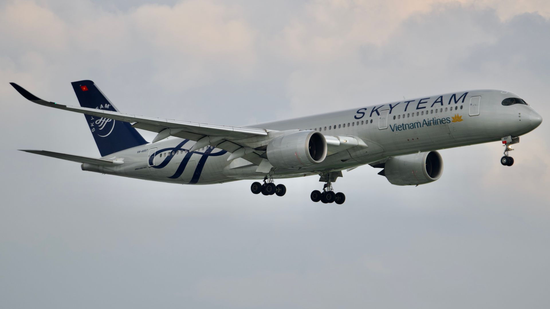 SkyTeam livery airplane mid-flight, showcasing Vietnam Airlines branding.