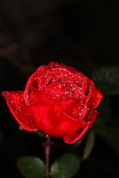 Stunning macro shot of a red rose with glistening water droplets against a dark background.