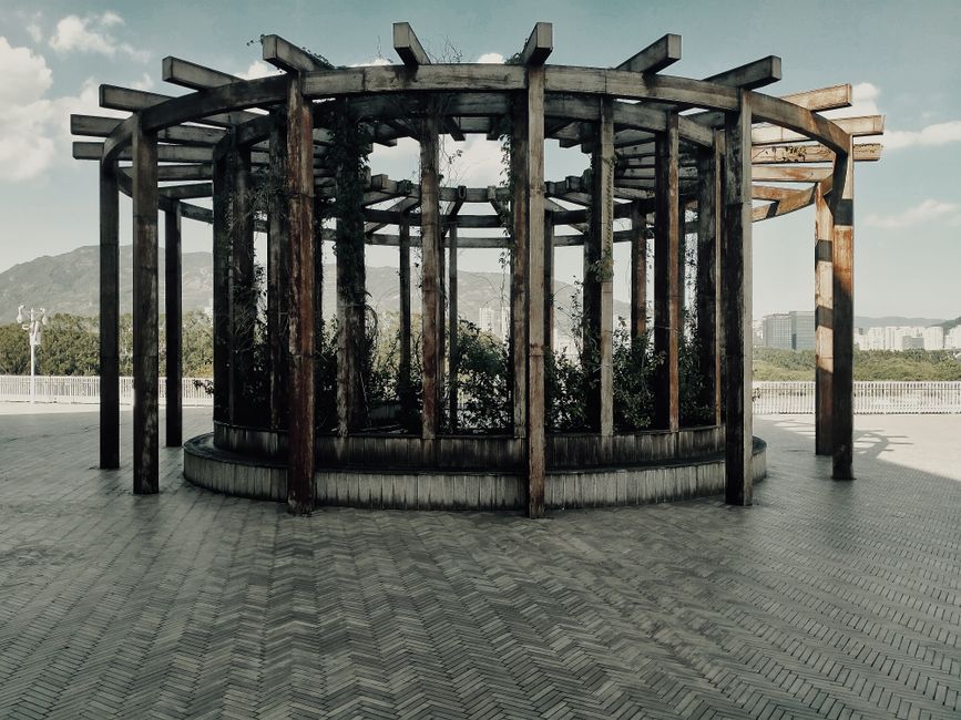 Strakke witte pergola over houten terras. Strakke witte pergola over houten terras.