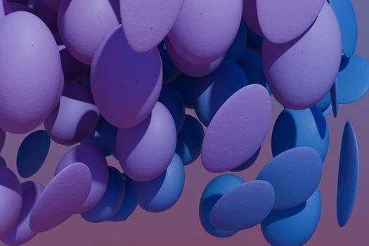 Dynamic 3D render of purple and blue abstract shapes floating on a subtle gradient background.