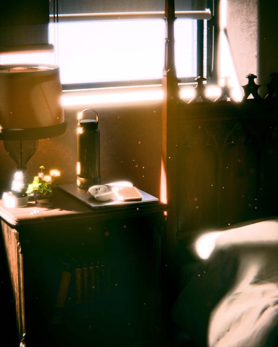 A serene bedroom scene with sunlight streaming onto a vintage nightstand beside a made-up bed.