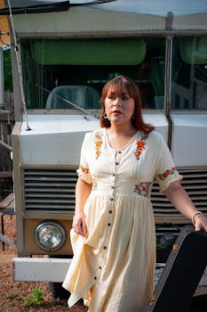 Woman in vintage summer dress posing with a guitar case in front of a retro vehicle.