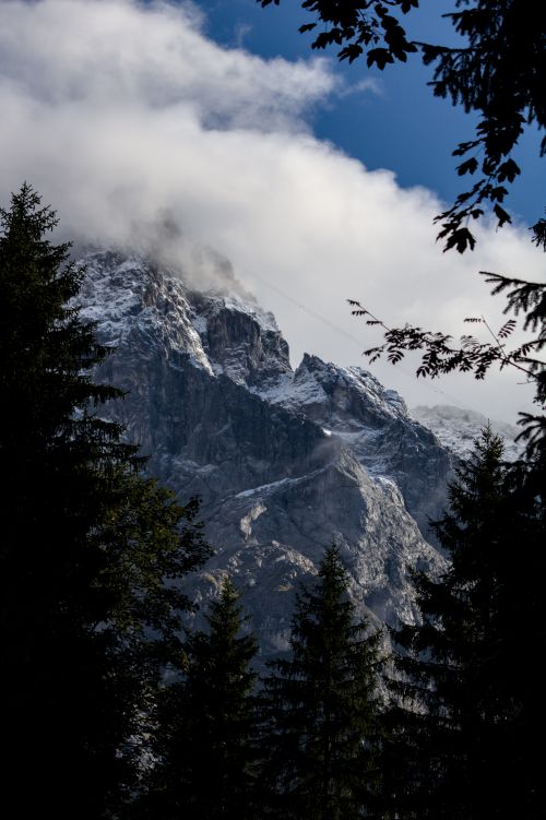 Free Dramatic snow-capped mountain peak partially obscured by clouds, framed by evergreen trees. Stock Photo