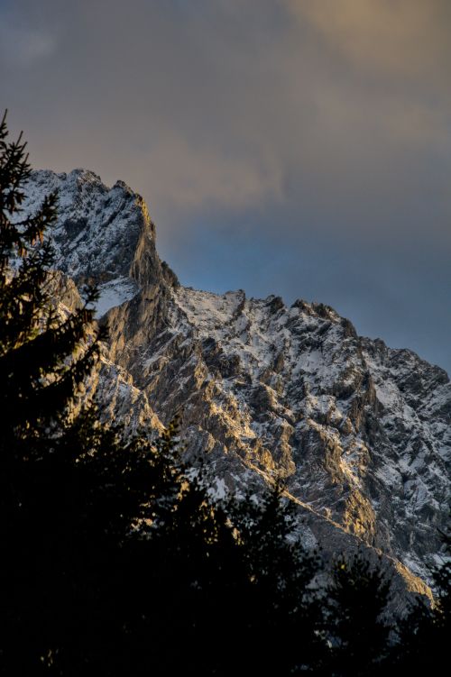 Free Dramatic snowy mountain peak illuminated at dawn, framed by evergreen trees. Stock Photo