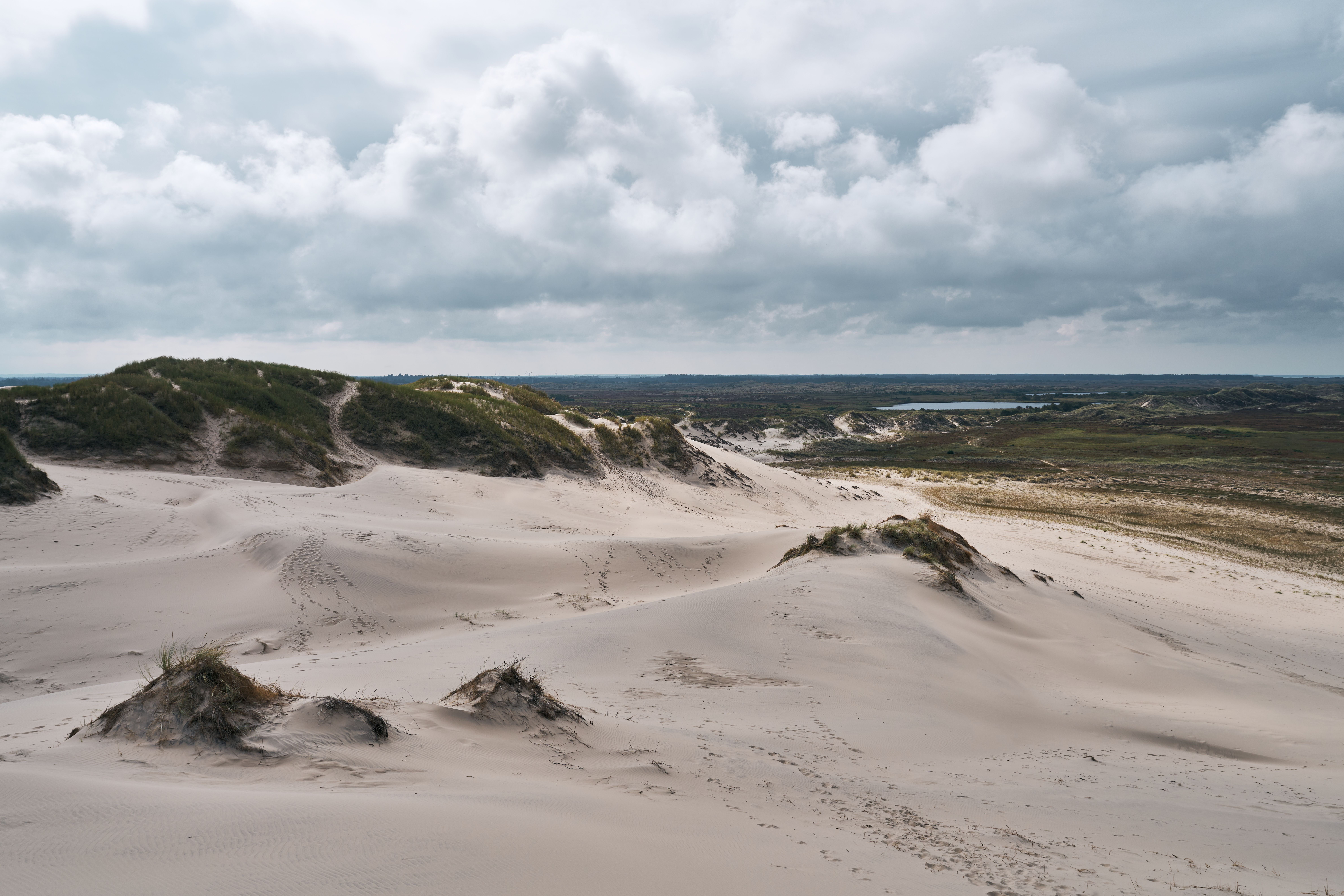 Explore the tranquil sandy dunes of Skagen, Denmark, under a dramatic sky.