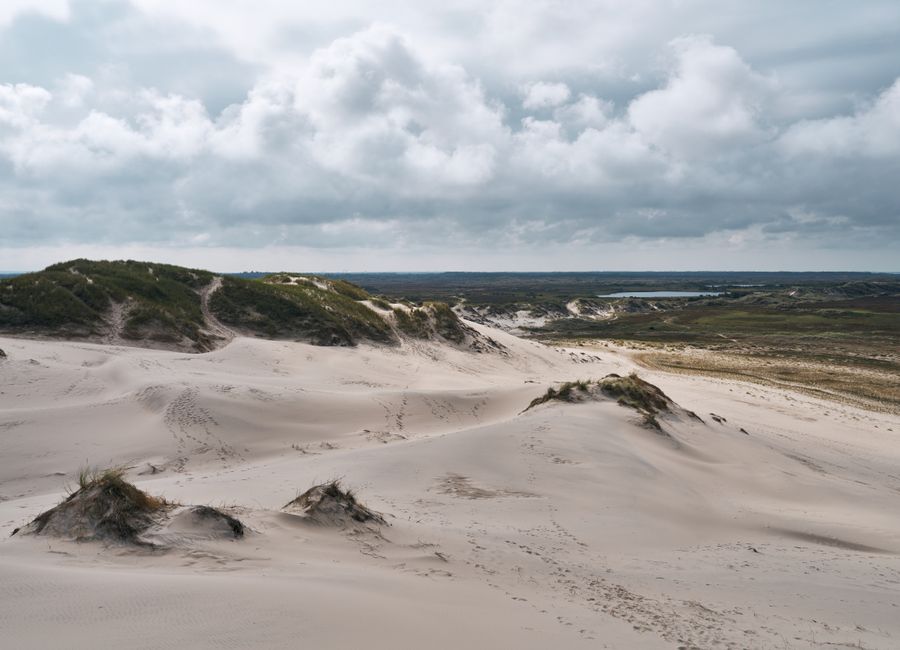 Explore the tranquil sandy dunes of Skagen, Denmark, under a dramatic sky.