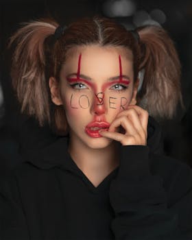 一幅描绘女性怪异万圣节妆容与激烈表情的艺术肖像