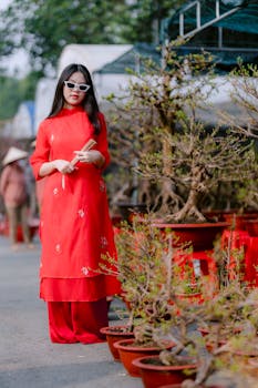 Woman in traditional red dress and sunglasses standing in a plant market.