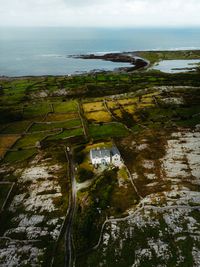 Aerial patchwork of green coastal fields, by Jonathan Borba on Pexels