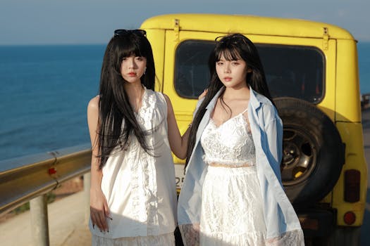Two women in white dresses pose by a yellow car near the ocean on a sunny day.