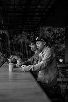Two men working on laptops while sitting at an outdoor cafe. The monochrome image creates a focused ambiance.