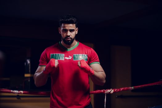 Male boxer posing confidently in a boxing ring, wearing red gear. Athletic and determined expression.