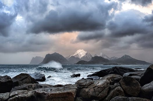 A powerful storm brews over the rugged Lofoten coastline, capturing Norway's dramatic natural beauty.