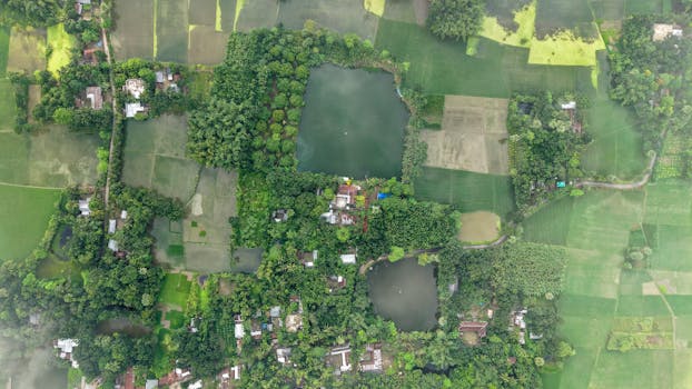 Aerial image showcasing lush green farmland and villages in Bangladesh.