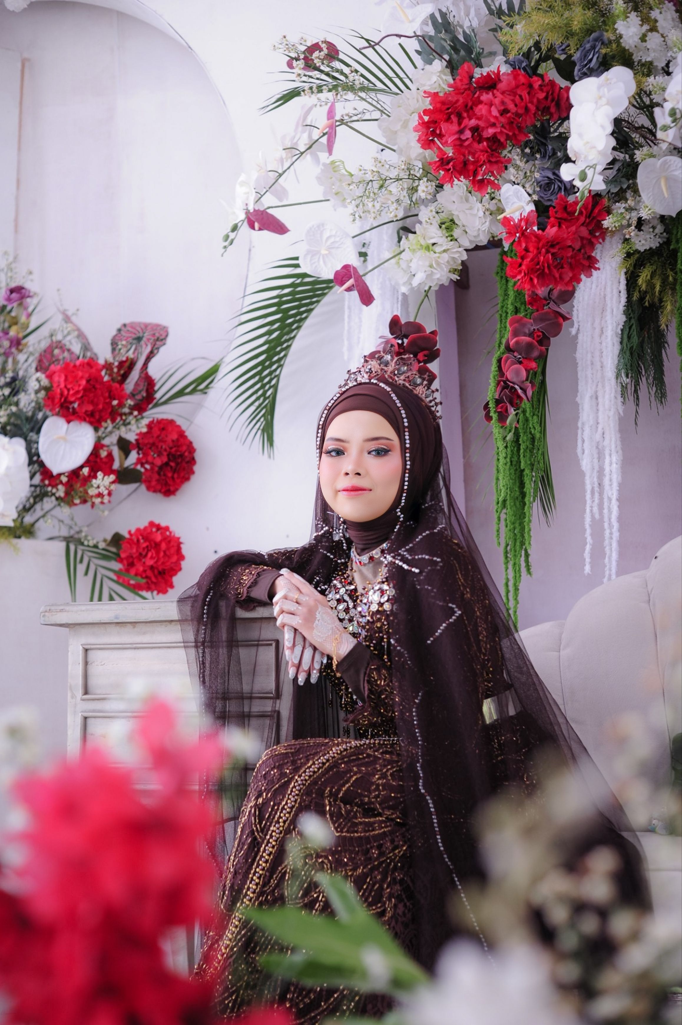 Elegant Bridal Portrait with Floral Background