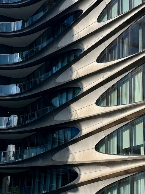 Close-up of futuristic building design in New York City.