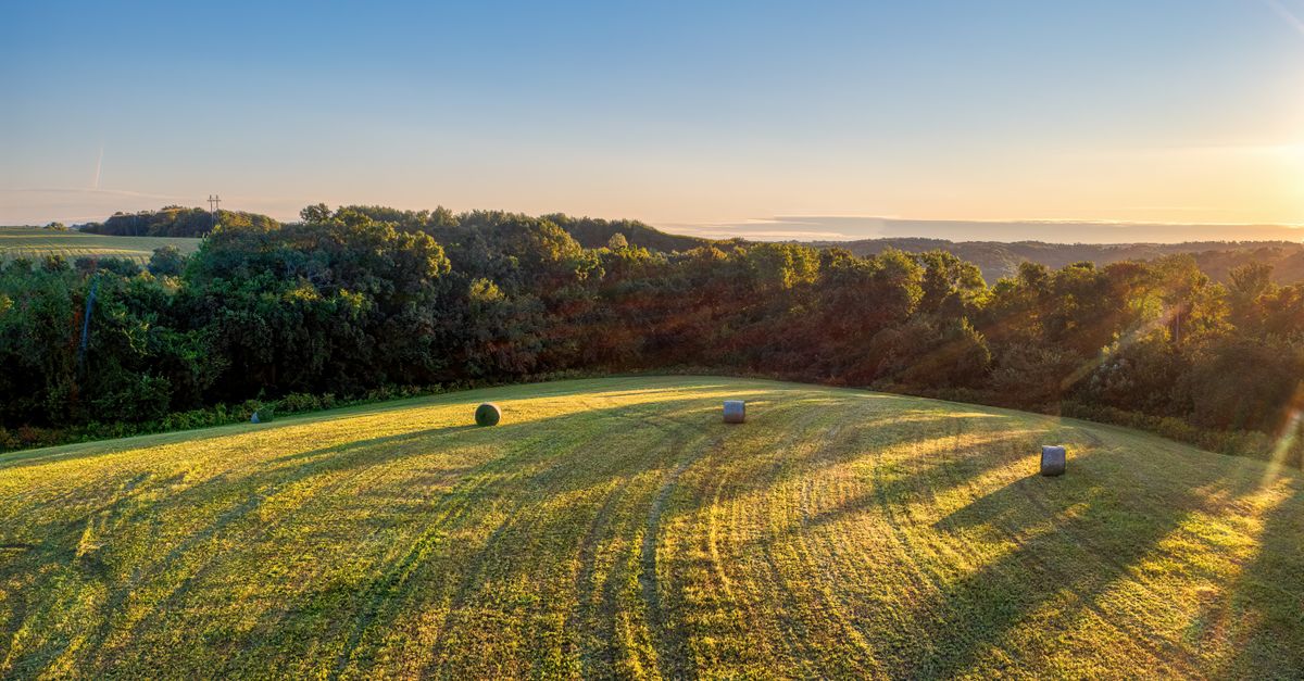 A stunning aerial view of farmland in Nelson, Wisconsin during a beautiful summer sunset.