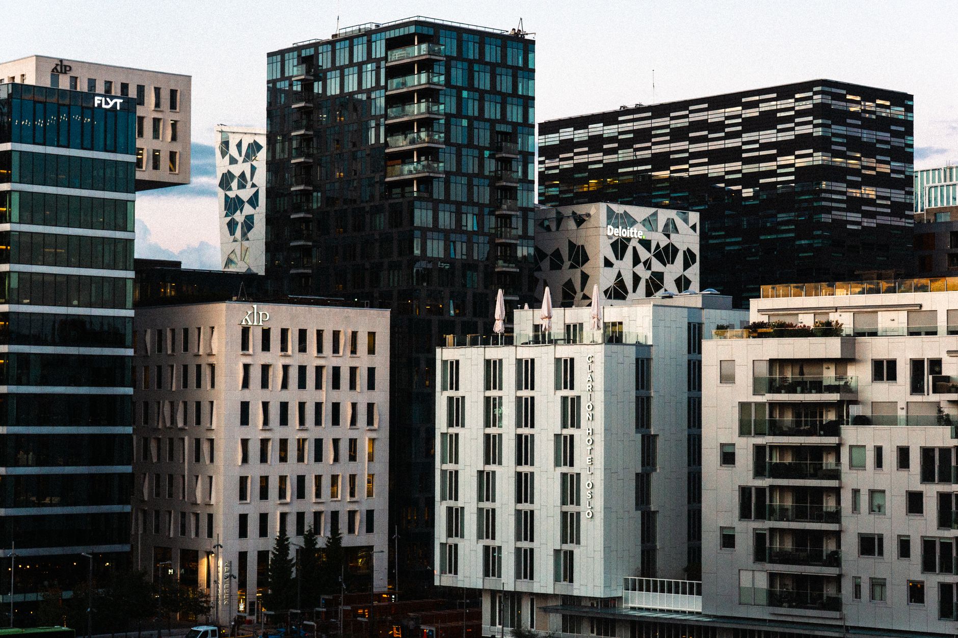 Skyline view of Oslo's Barcode Project buildings with modern architecture.
