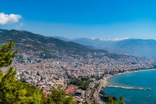 Stunning aerial view of Alanya's coastal cityscape, highlighting mountains and the Mediterranean.
